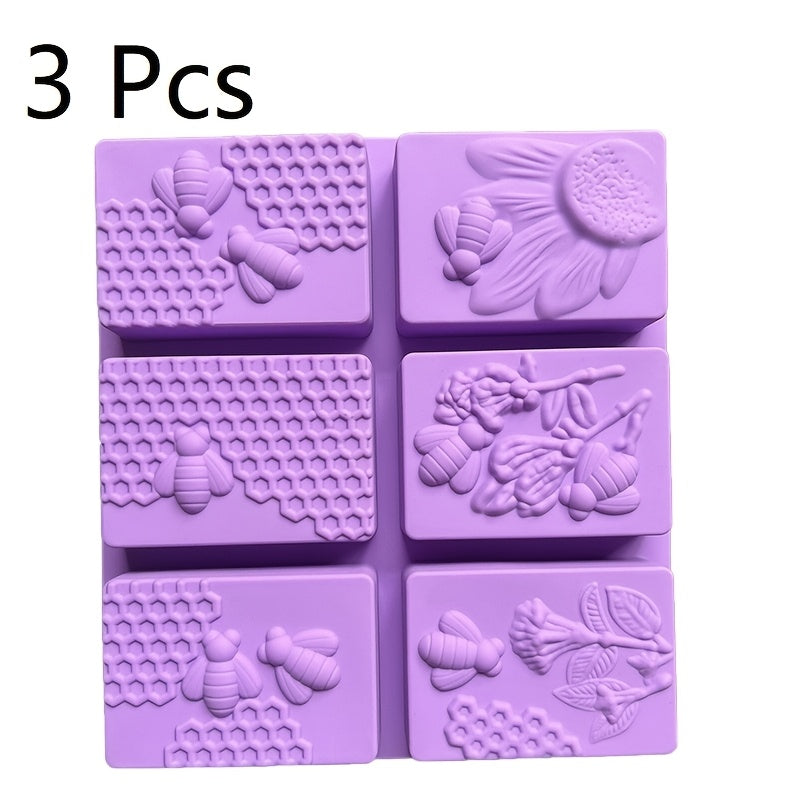 TEMU 3-pack Square Silicone Molds With 6 Cavity Beehive Shapes - 3d Embossed Bee & Honeycomb Design For Diy Soap, Candle, Resin Casting - Reusable