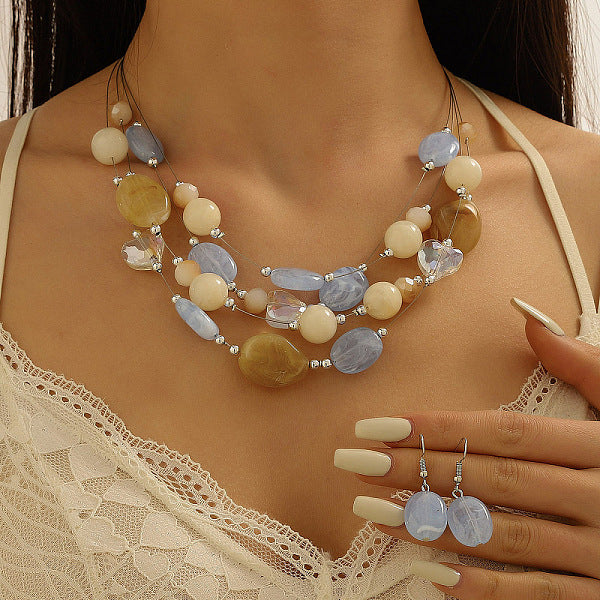 Ensembles de boucles d'oreilles pendantes en résine et de colliers multicouches en alliage rétro