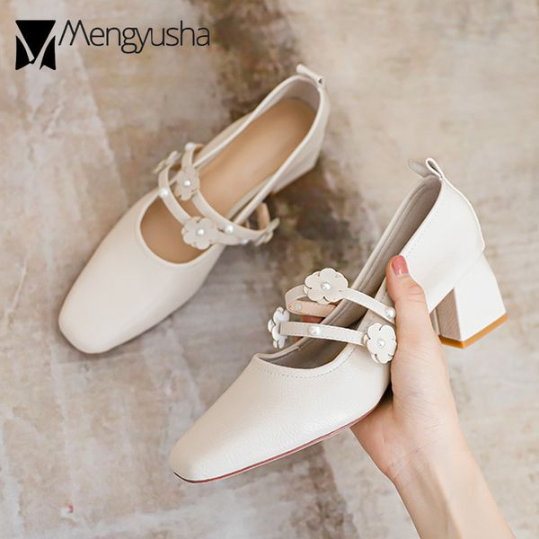 0e2c5 High Heels 5cm Chunky Mary Jeans Woman Double Belt Strap Pumps ral Shoes Ladies Office Dress Tacones Brides Wedding Loafers