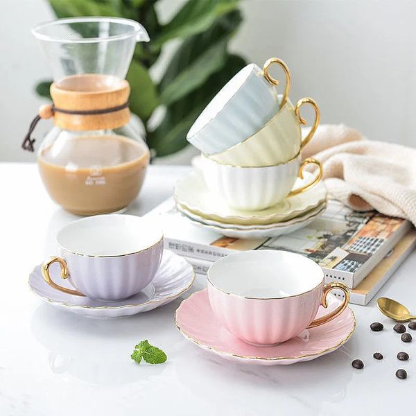 7 Colors Pink Bone China Mug with Saucer Spoon (200ML) - English Afternoon Tea Cups Set for Party & Coffee Drinking