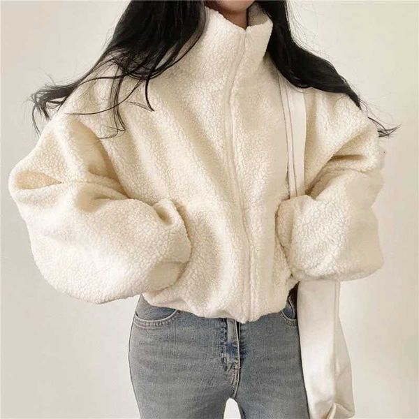 Lucyever Women Short Lamb Wool Jacket 2024 Autumn Winter Thicken Warm Plush Coat Female Fashion Zipper Stand Collar OuterwearX241018