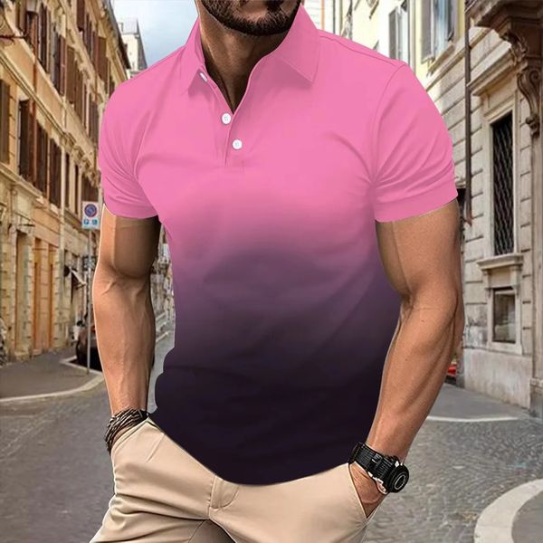 Spring and Autumn Mens Casual Sports T-shirt European and American Summer Collar 3D Gradient Short Sleeve Mens Polo Shirt 240821