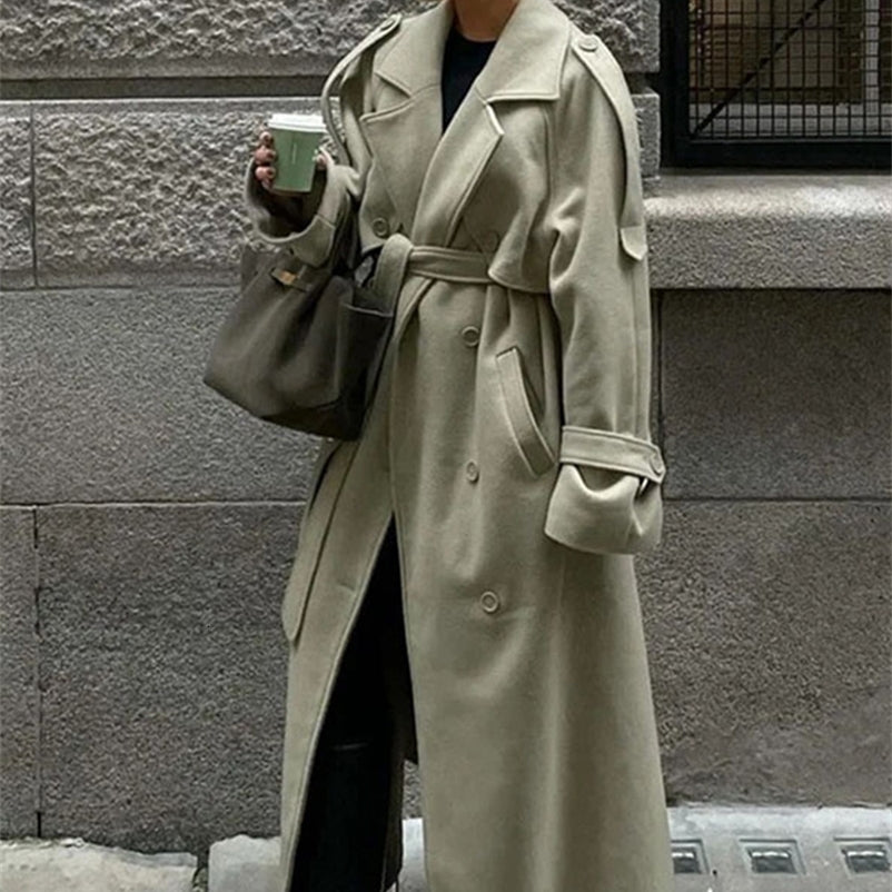 Womens Wool Blend Maxi Dress Coat Oversized Cape Lapel Belted Chic Outerwear Loose Thin Autumn Winter Fashion Streetwear y250919