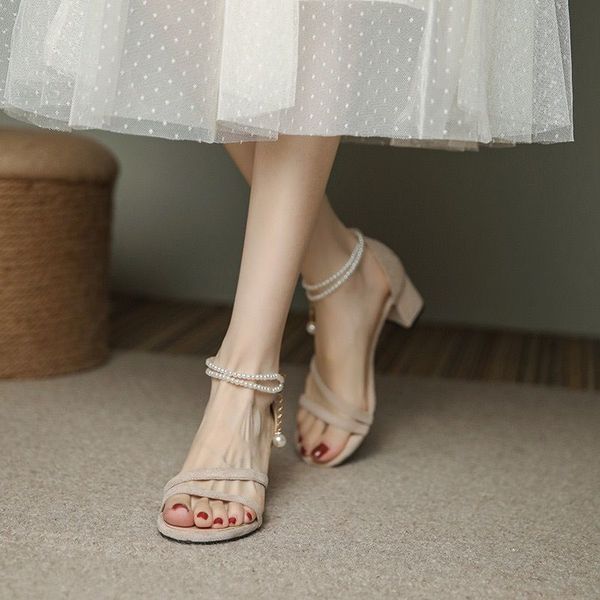 High heeled women in summer, matching skirts, cheongsam shoes children, bridesmaids, fairy style, thick sandals for women, medium heels, Fre