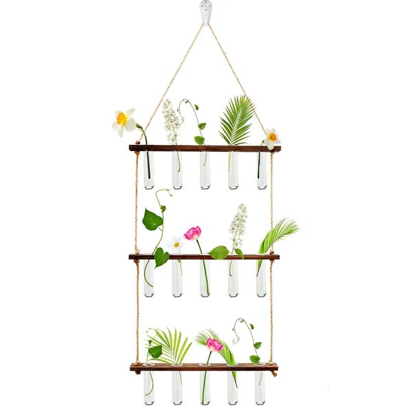 Wall Hanging Planter Terrarium 3 Tiered Plant Propagation Stations with 15 Clear Test Tubes and Wooden Stand Retro Mini 231228