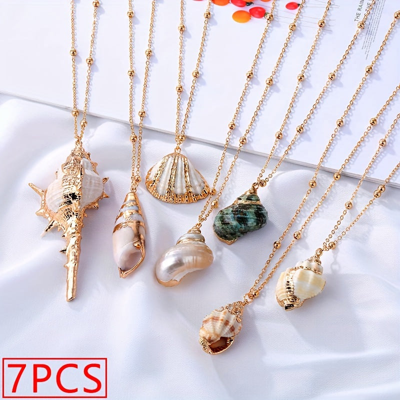 TEMU 7pcs Bohemia Elegant Beach Necklace Set For Women - Chic Golden-trimmed Shell & Conch Pendants, Alloy Jewelry - Ideal For Vacations & Parties,