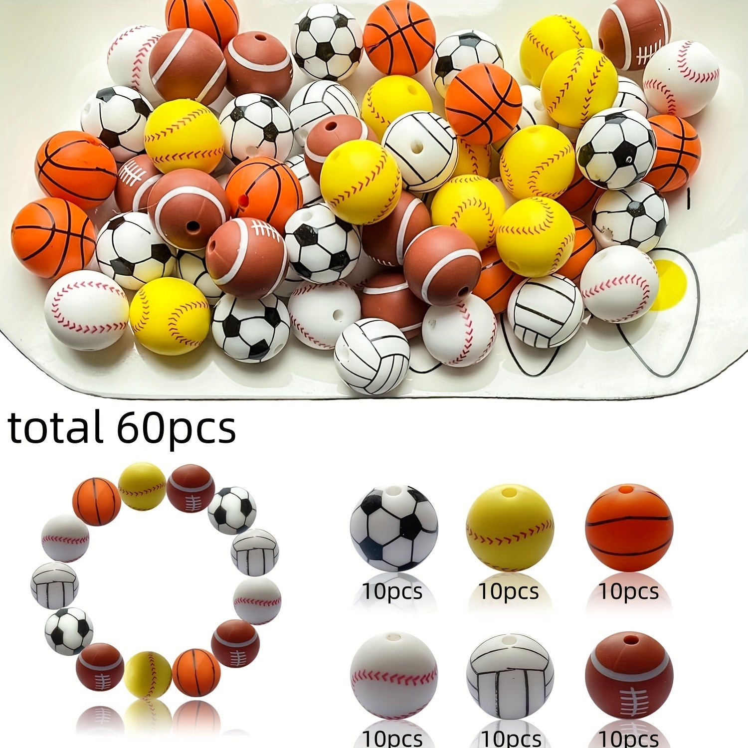 TEMU 60pcs Silicone Sports Beads Assortment - 15mm Baseball, Softball, Soccer, Basketball, Volleyball Round Beads For Diy Keychains, Bracelets,