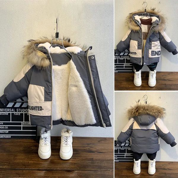 Winter boys coat baby fur collar hooded cotton and velvet thick warm jacket childrens coat 2-8 years 241019