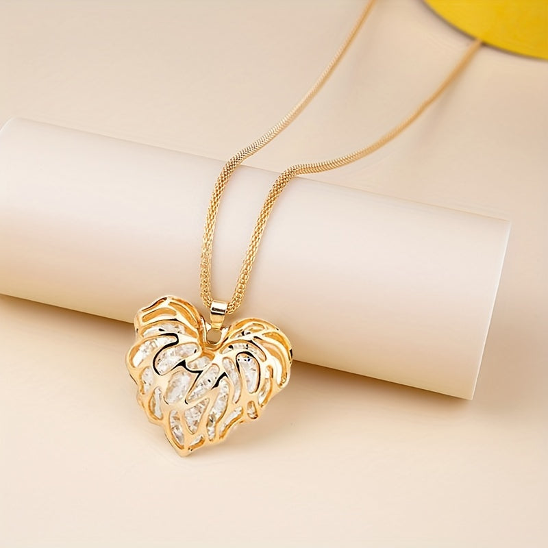 TEMU 1pc Bohemian Golden-tone Heart-shaped Leaf Pendant Necklace - Alloy Delicate Chain Jewelry For Casual Attire, Versatile Accessory