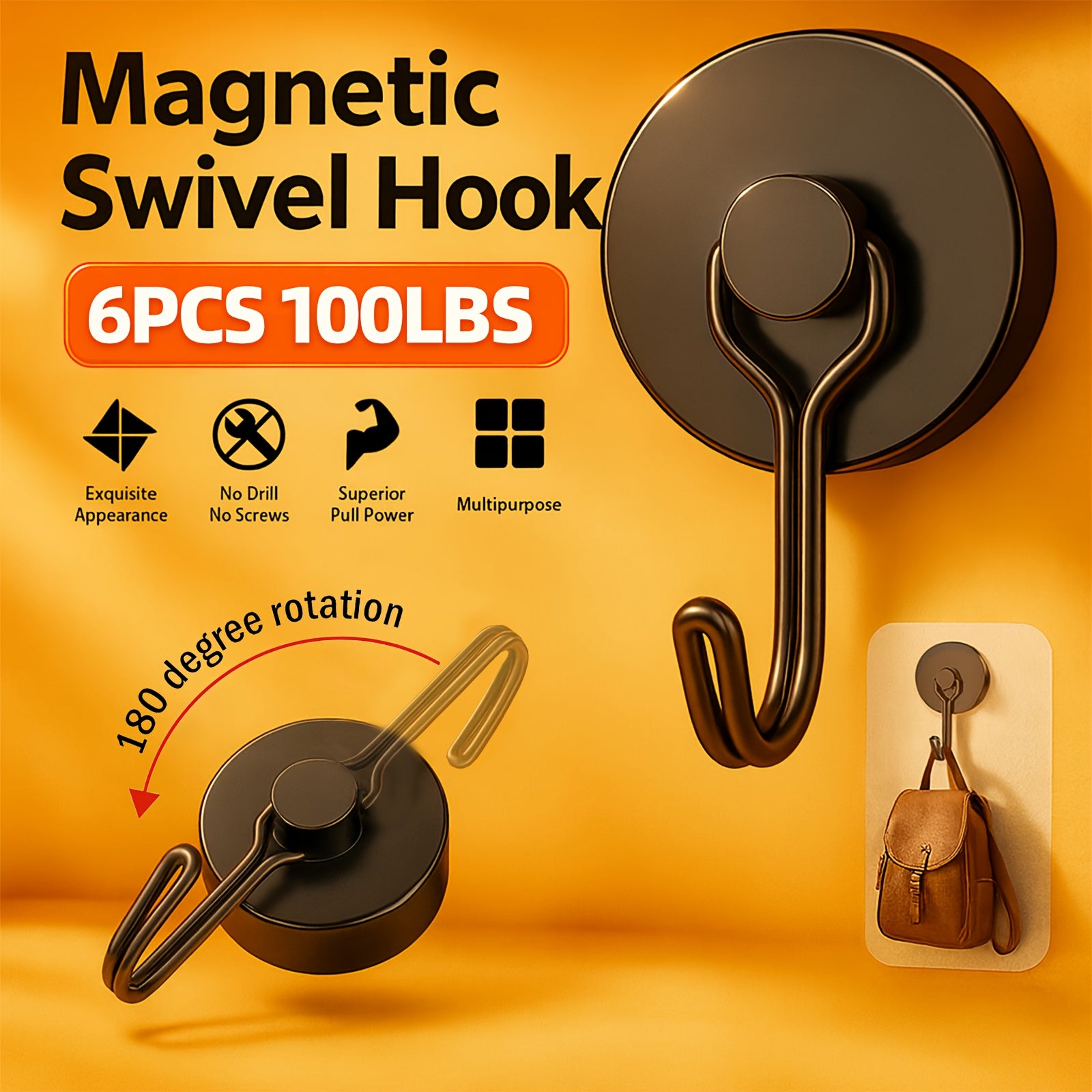 TEMU 100lbs N52 Swivel Swing Magnet Hooks, Magnetic Hooks Heavy Duty For Hanging, 6 Pack Neodymium Black Magnets With Hooks Cruise Essentials, Key