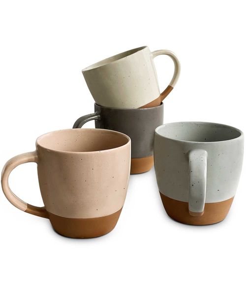 Set, 4-piece Mora Mug Latte 16 oz (approximately 453.6 g) Microwave Heated Ceramic Coffee Cup with Large Handle Modern Bohemian Style, Suita