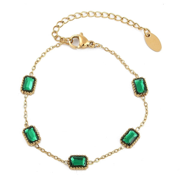 Bracelets à maillons rectangulaires en acier inoxydable 304 avec placage ionique (IP) et pavé de verre vert pour femmes