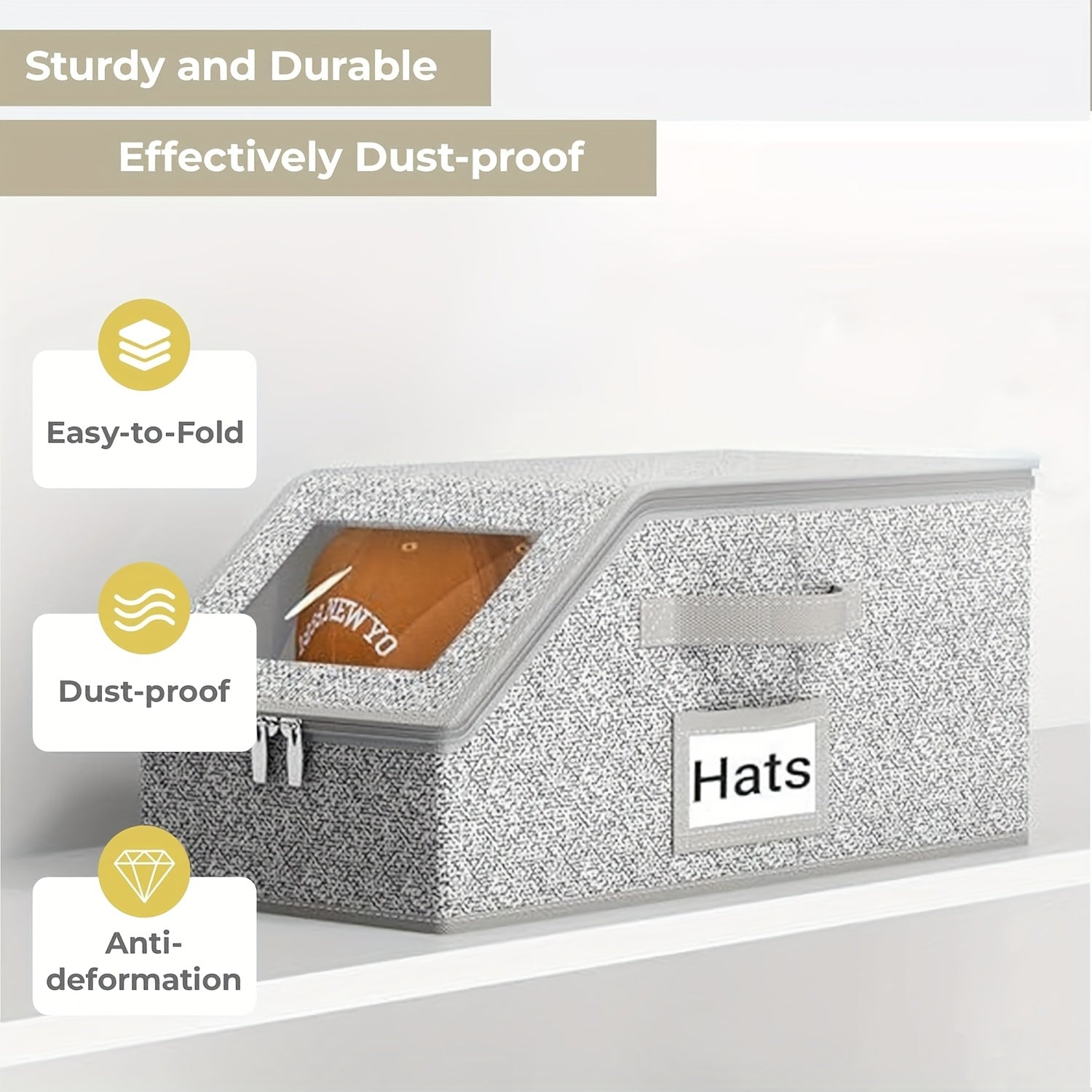 TEMU Foldable Fabric Hat Storage Box With Transparent Lid & Design - Heavy-duty Organizer For Men's-women's Baseball Caps, Cowboy Hats, Dolls, Towels