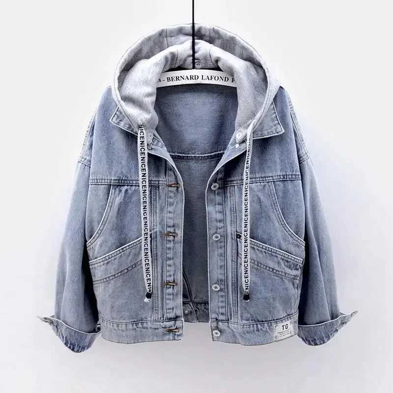 Blue Deconstructable Hooded Turn-down Collar Denim Jacket Women Loose Button Patchwork Outwear Jean Coat FemaleX240920