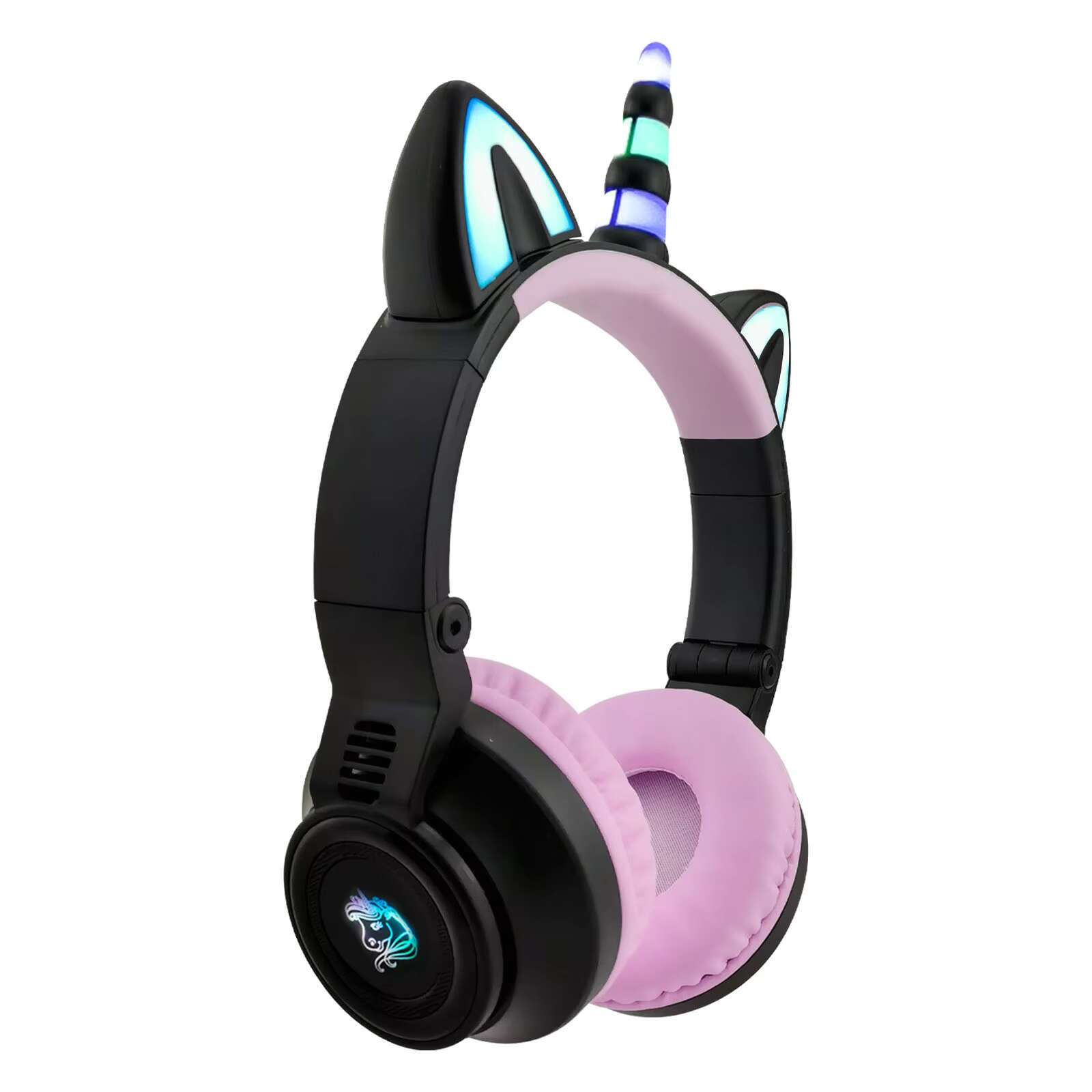 YUSONIC Cute Kitty Ear Design Unicorn Black Pink Wireless Over-Ear Headphones Girls with Ears for Mobile Phone Use