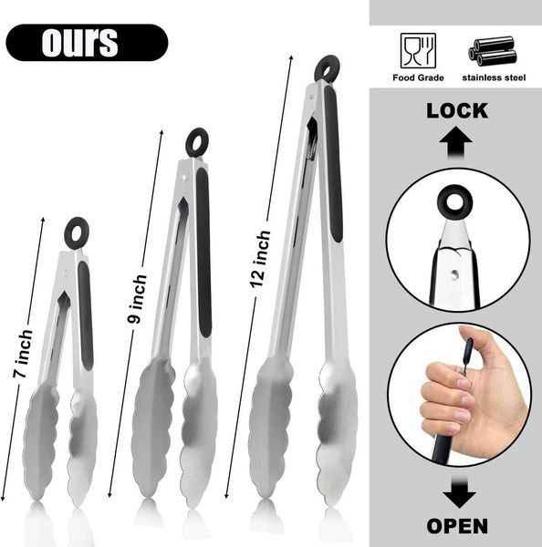 Tongstongs para pinças de culinária do Cookingkitchen Conjunto de 3 alimentos de travamento pesado pinças de metal pinças não deslizantes pi