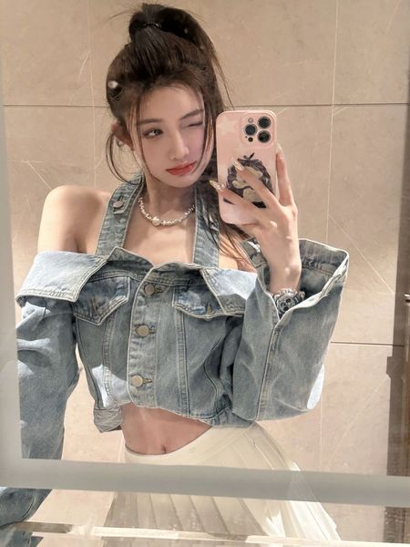 Women&#039;s Blouses Deinm Shirt Irregular Patchwork Off Shoulder Single Breasted Short Burrs Blouse 2023 Autumn Fashion