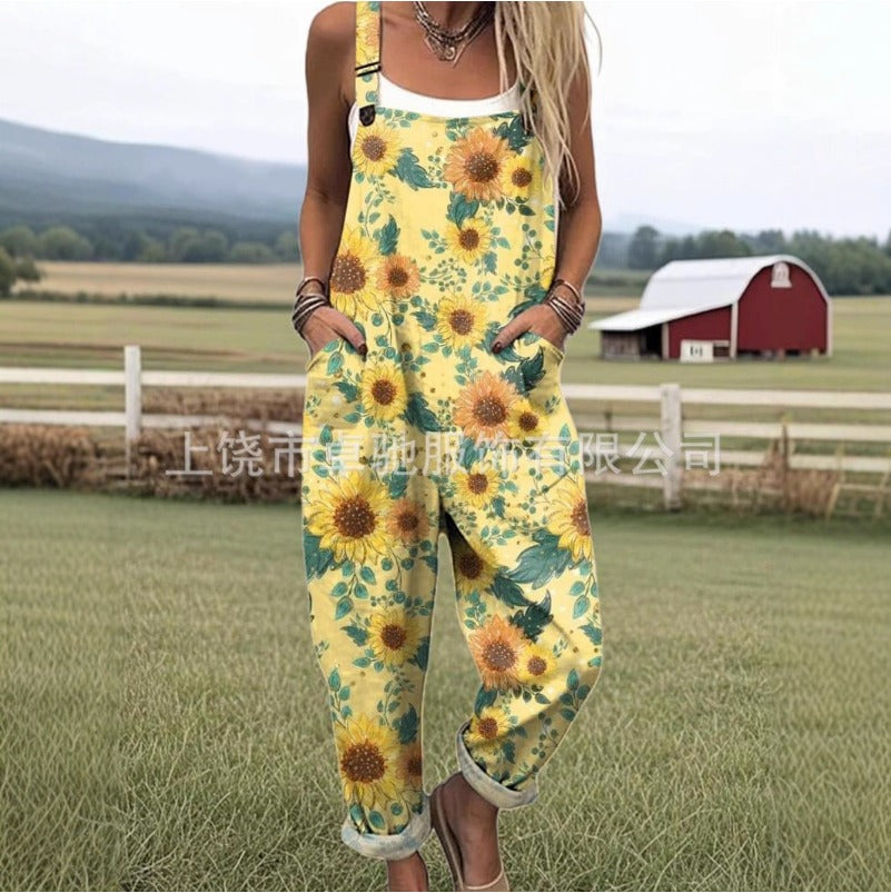 (590) European and American Summer Printed Button-up Suspenders Casual Pants