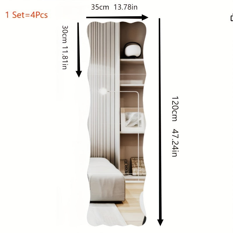TEMU 4pcs Acrylic 3d Wave Shape Mirror Wall Stickers Full Body Mirror Background Wall Decoration Bedroom Living Room Office Kitchen Bathroom Wall