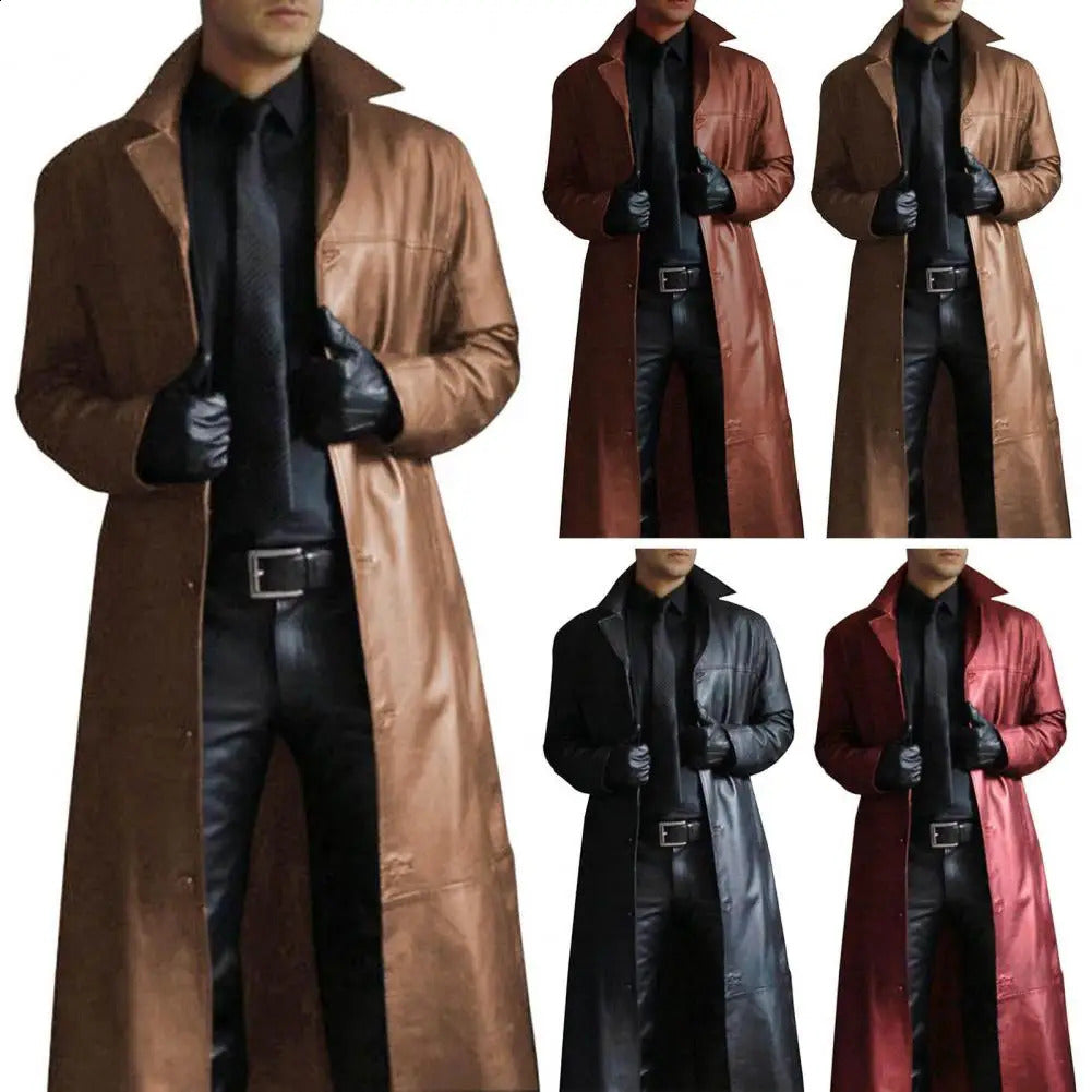 Men Fashion Medieval Steampunk Gothic Long Leather Jackets Vintage Winter Outerwear Faux Trench Coat 250910