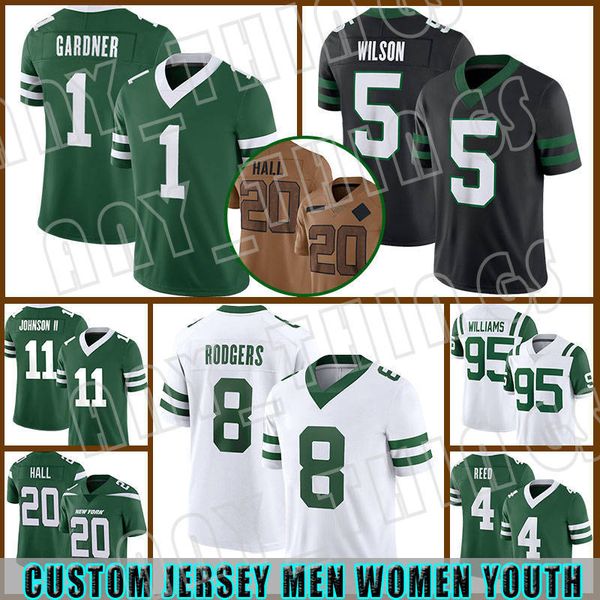 Garrett Wilsons Sauce Gardners Football Jerseys Breece Hall Aaron Rodgers Joe Namath Quinnen Williams Will McDonald IV 3 Travis Quincy Mike