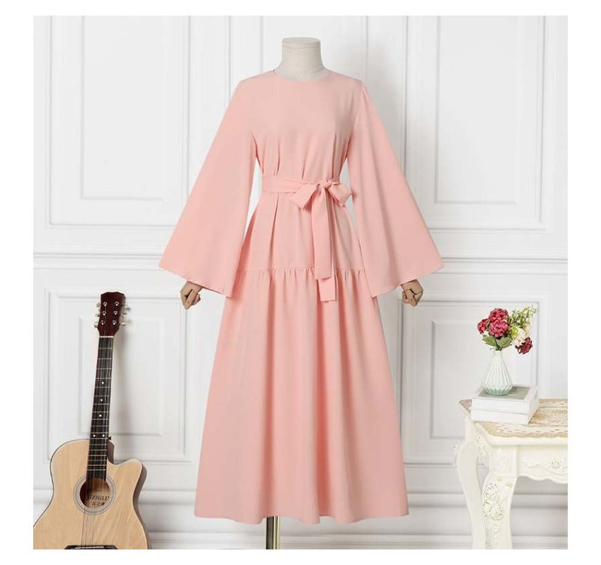(524) New Solid Color Loose Pullover Belt with Wide Cuffs Dress
