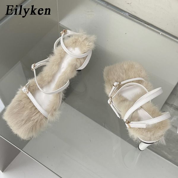 2024 New Eilyken Brand Plush Fur Fuzzy Sandals Women Thin Heels Fashion Square Toe Ankle Lace Up Buckle Strap Slides Shoes 4