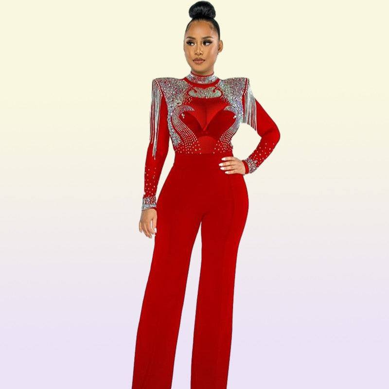 Women&#039;s Jumpsuits & Rompers Elegant Black Rhine Embellishment Wide Leg Chic Womens Sequins Fringed Bodycon Birthday Outfits5860080