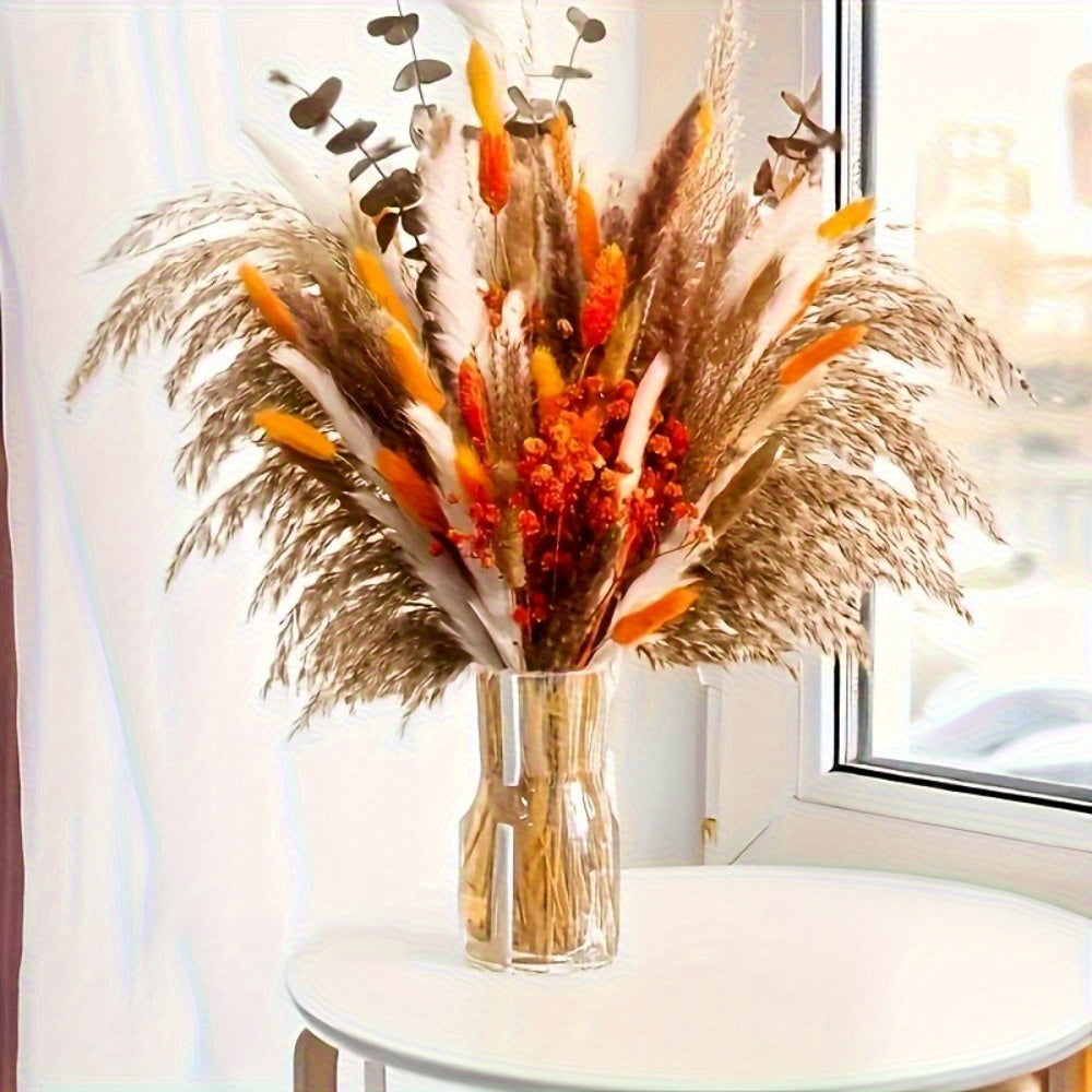 TEMU 93-stem Artificial Pampas Grass - Burgundy & Orange Tipped Dried Flowers For Weddings & Home Decor, Rustic Vase Arrangement With Realistic
