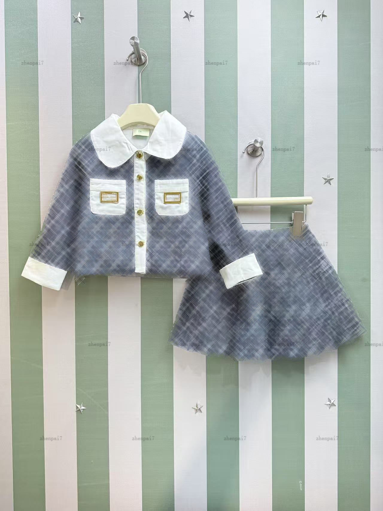 Top girls dress denim Gold button decoration Princess dress kids designer clothes White baby doll collar baby jacket and skirt A087X03N033