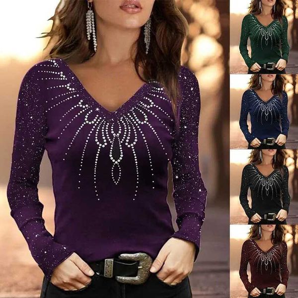 Mulheres Bodycon T-shirt Blushs Base Slim-Fit Fall Fall Sved Moda de lantejoulas Pullover V Casual Tops Casual Clothingx241122