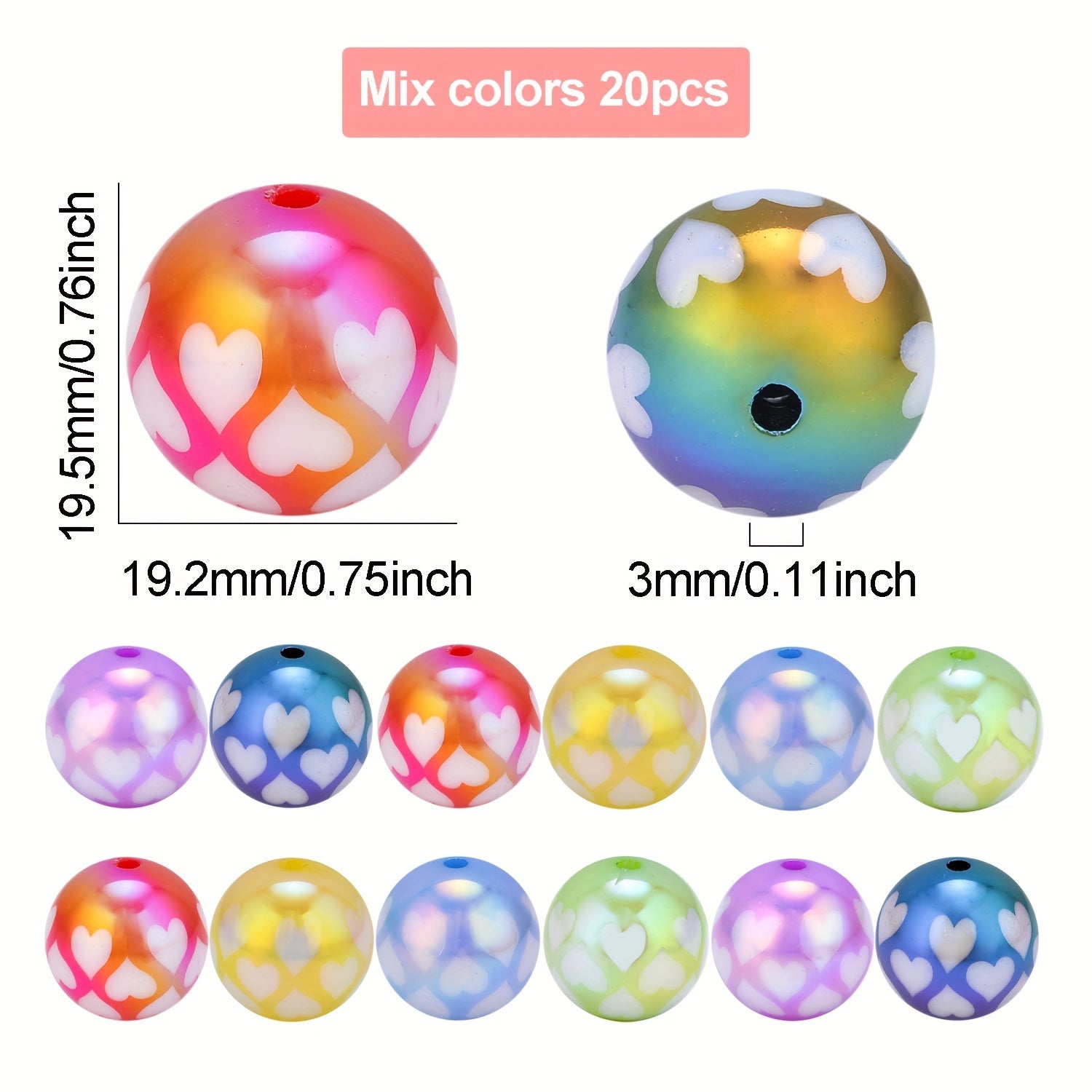 TEMU 20pcs Heart Print Beads Multicolor Round Acrylic Beads Diy Pens Keychain, Used To Bracelet Making Jewelry Diy Necklace Pendant Phone Chain Craft
