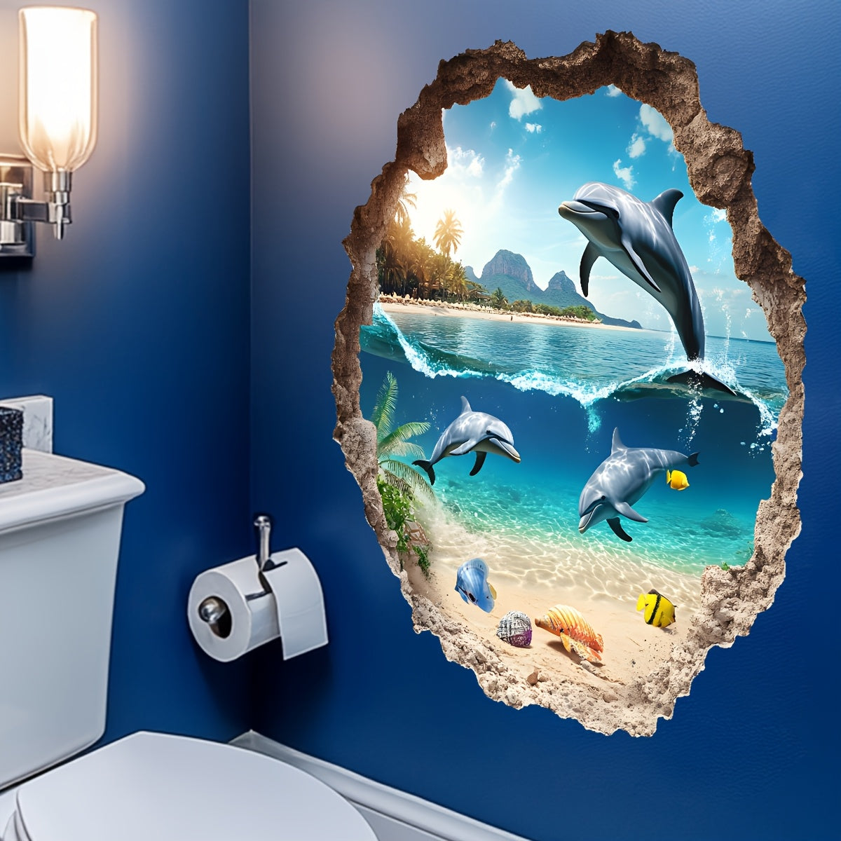 TEMU 1pc Dolphin Wall Sticker With Broken Wall Effect, 3d Wall Decor For Bathroom