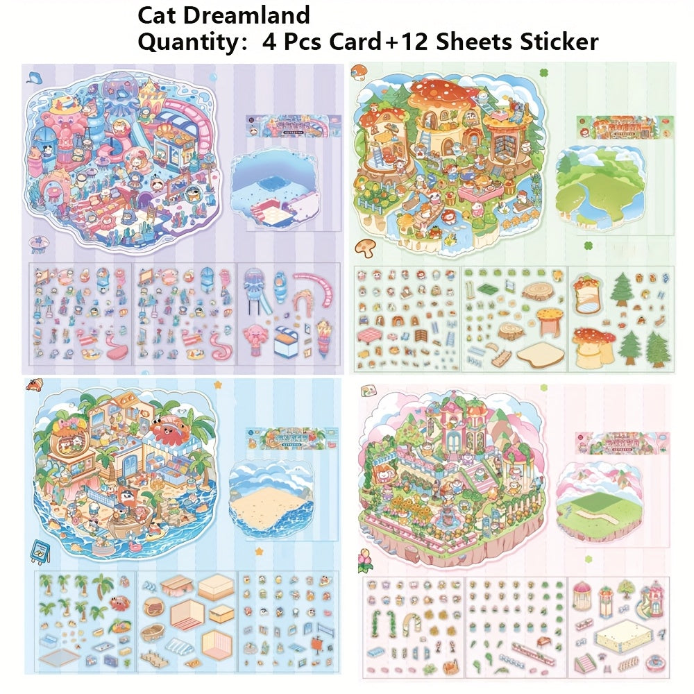 TEMU 4 Pack-set Cute Cartoon 3d Scrapbooking Stickers Set 4 Different Theme Amusement Park Pet Scenes Aesthetic Stickers Diy Craft Decals For Planner