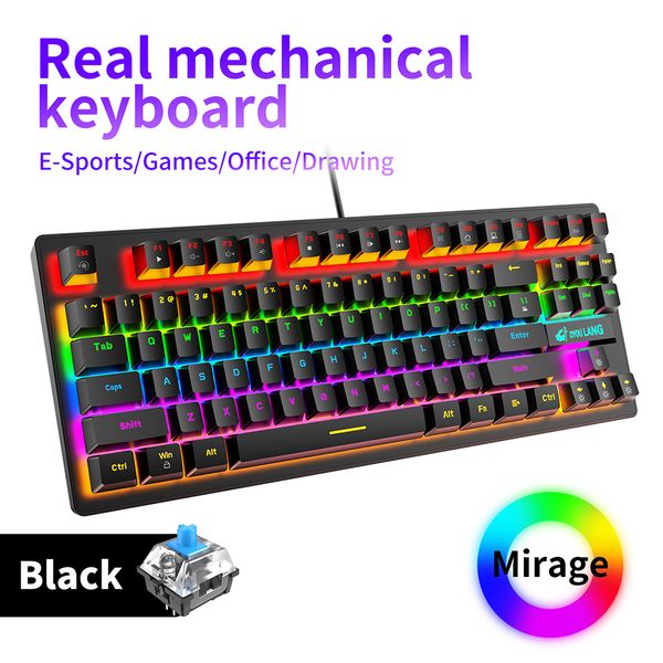 K2 87 Keys Mechanical Gaming Keyboards Colorful LED Backlit USB Wired Mechanical Keyboard Blue Switch for Tablet Desktop Compute