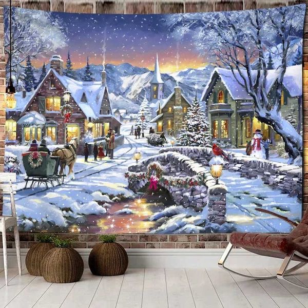 Tapestries Christmas wood snow tapestry wall hanging new year gift moose boho bed curtain dorm home decor 200x150cm J241113