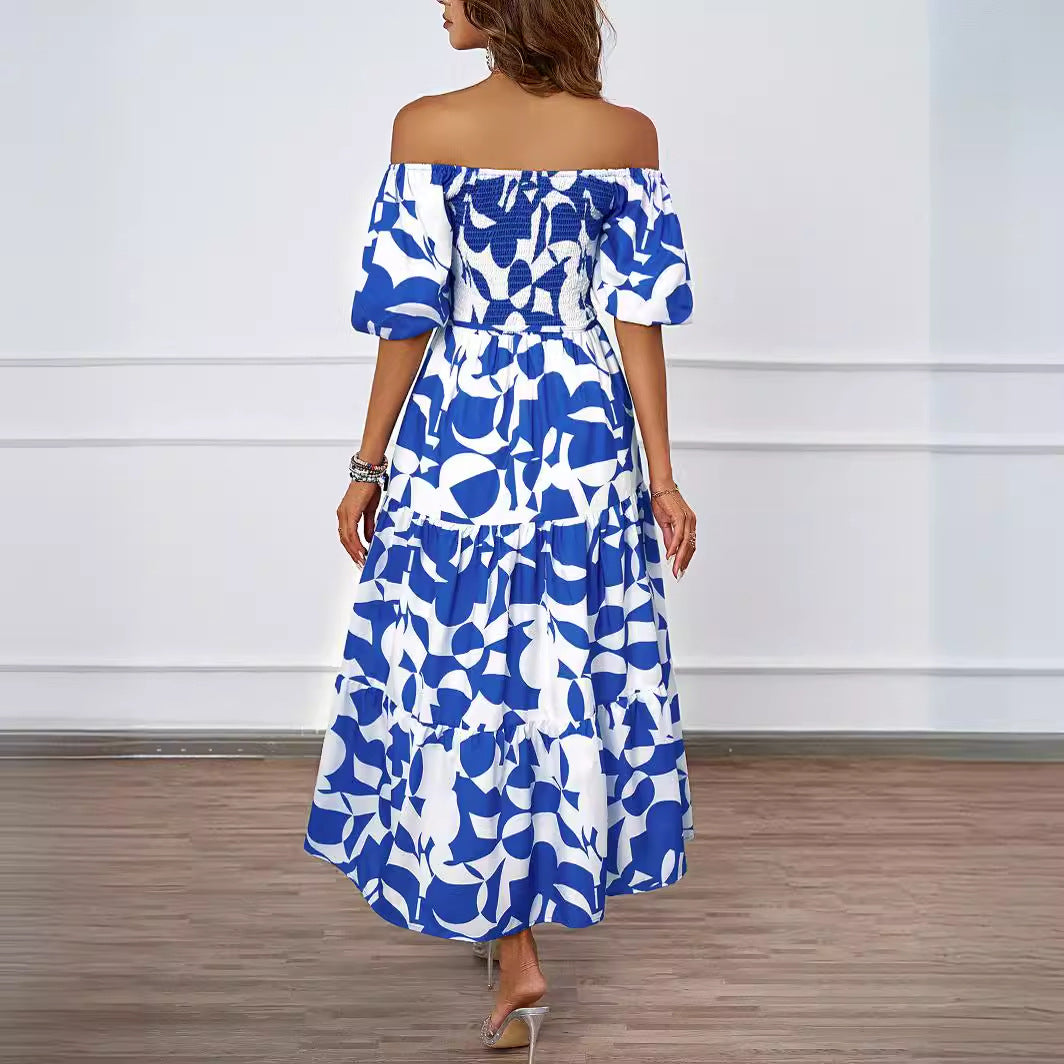 (292) Summer new elegant printed one-shoulder puff sleeve fashionable swing dress