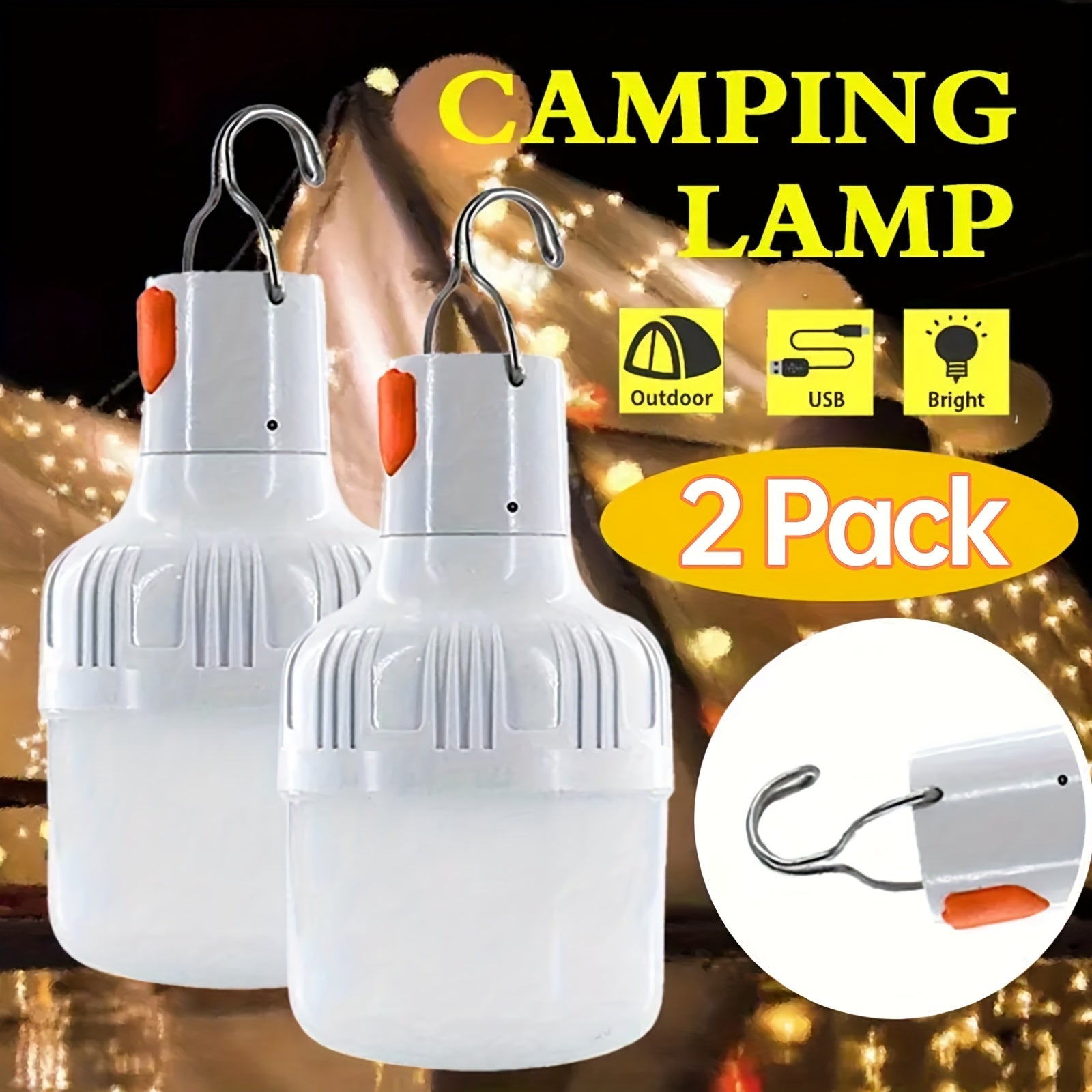 TEMU 1-2pcs Usb Rechargeable Portable With Hook, 3 Lighting Usb Led Light Bulb, Outdoor Led Emergency Portable Lighting Flashlight Suitable For ,