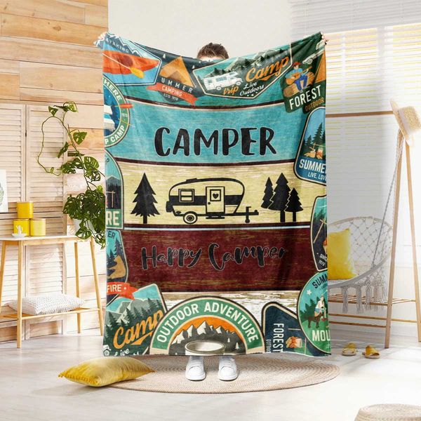 1PC camper and forest pattern printed blanket suitable for sofas beds offices travel camping chairs warm plush blanketC241223