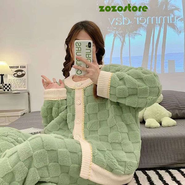 Thickened Coral Fleece Pajamas Set Women Autumn Winter 2024 New Lounge Home Suit Warm Sleepwear 2Pcs Set Plus Size Homewear Set 68