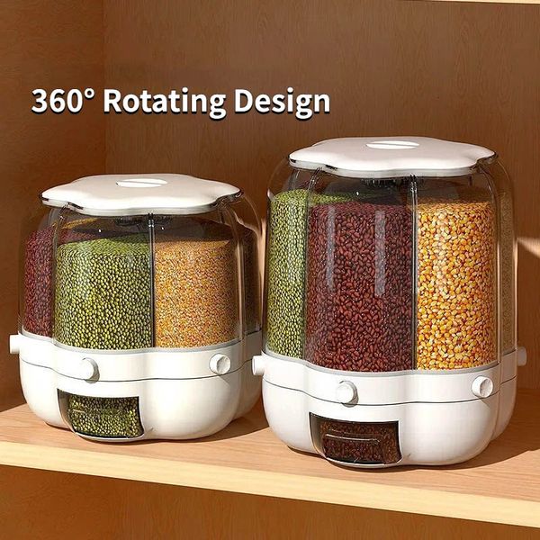 Large Food Storage Container 360° Rotating Rice Grain Dispenser Sealed Dampproof Cereal Box With Lid Kitchen Barrel 240116