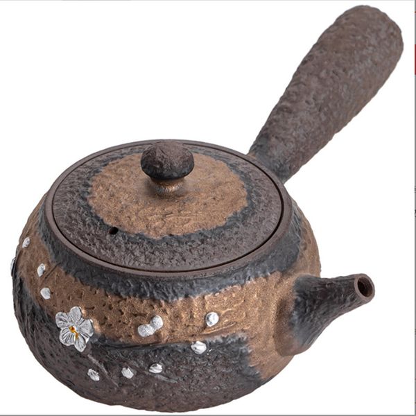 Ceramic Strainer Teapot Retro Side Handle Pot Old Rock Clay Silver Gilded Stoneware Tea Kettle Handmade Tea Set