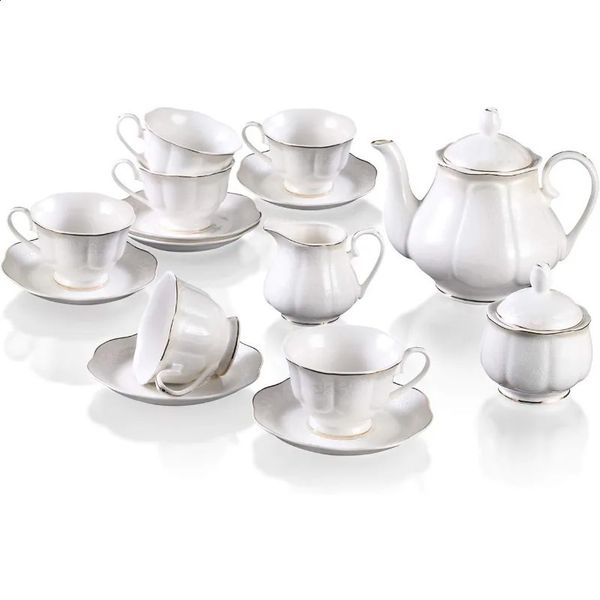 15 lotus shaped porcelain tea sets 7 ounces 6 tea cups and 6 sauces 1 teapot sugar bowl 1 cream jar white 240925