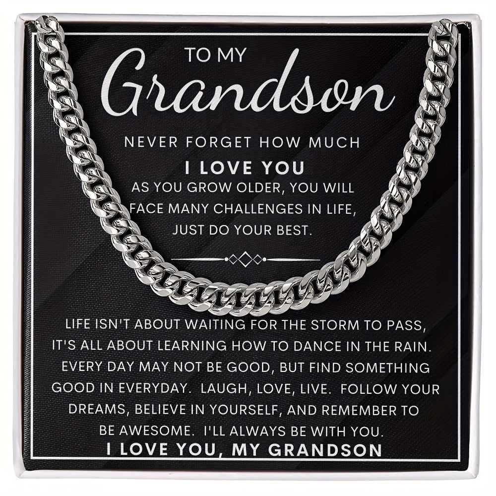 TEMU To My Grandson Cuban Link Chain Necklace - Stainless Steel With Copper Pendant, Inspirational Message, Perfect For Christmas & Birthday Gifts,