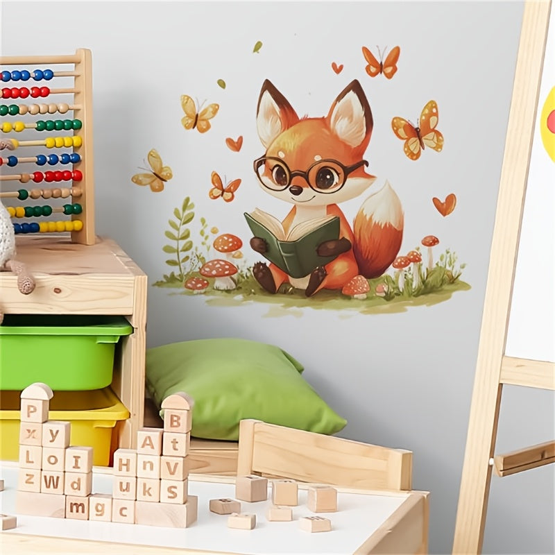 TEMU Cute Fox Reading Book Wall Decal With Butterflies, Animal Themed Peel And Stick Wall Sticker, Mixed Color Vinyl, For Bedroom, Living Room, And