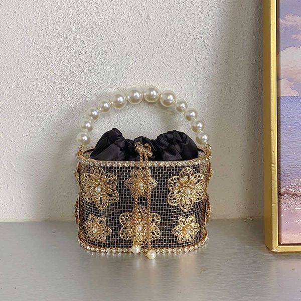 Evening Bags Heavy Industry Metal Sunflower Pearl Vegetable Basket Birdcage Bucket Bag Banquet Handheld Crossbody Tote 241226
