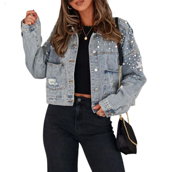 Fashion Bead Button Splicing Split Back Hem Denim Jackets Women Autumn Winter Single-breasted Cardigan Coat Casual Outerwear 250122