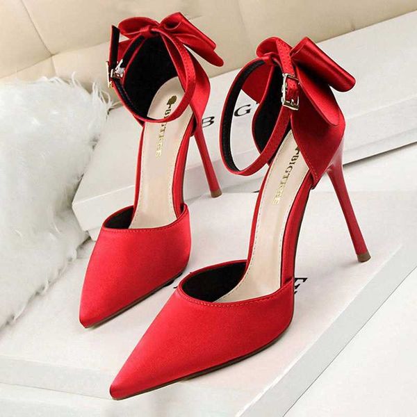 Bigtree Shoes Bow Bay Pump Seda High H Sapatos quentes Stiletto Saltos altos Tênis de casamento vermelho Sandálias quentes H quentes 8cm 0cm
