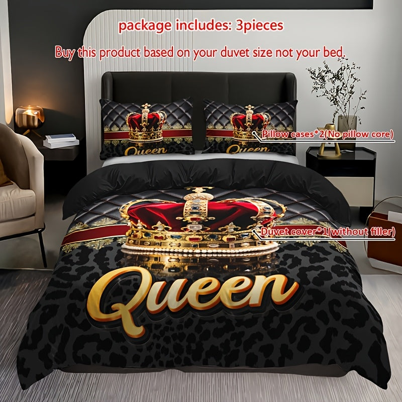 TEMU 3pcs Crown Queen Leopard Print Quilt Cover Set, 1 Quilt Cover + 2 Pillowcases Without Pillow Core, High-definition Printing For Home And