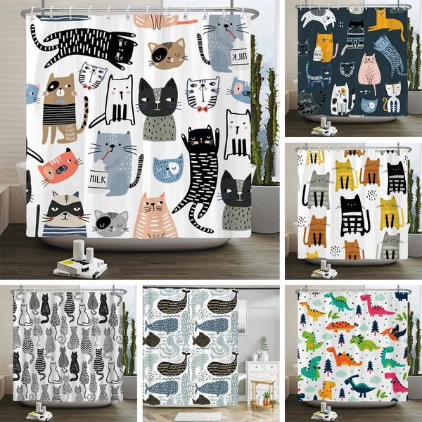 Cat Printed Shower Curtain Cartoon animal Bath Curtains Bathroom For Bathtub Bathing Cover with 12 pcs Hooks 250113